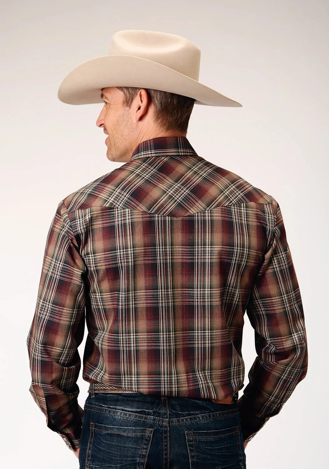 Roper Mens Green Plaid Multi Brown Cotton Blend L/S Shirt Eco-Friendly Fabric Sports Ready