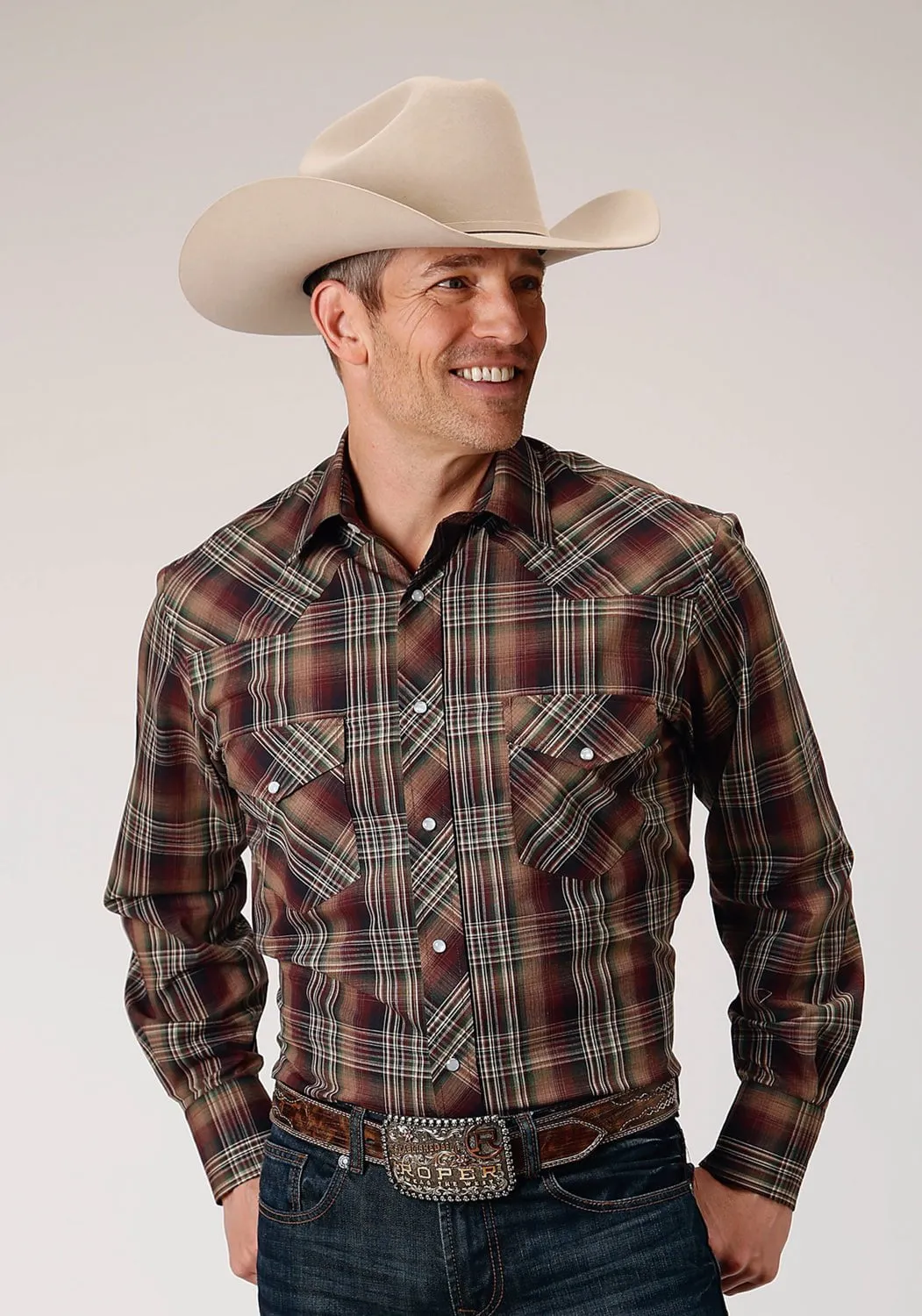 Casual Friday Roper Mens Green Plaid Multi Brown Cotton Blend L/S Shirt