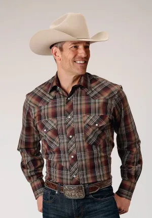 Roper Mens Green Plaid Multi Brown Cotton Blend L/S Shirt Lightweight Comfort Casual Friday Roper Mens Green Plaid Multi Brown Cotton Blend L/S Shirt
