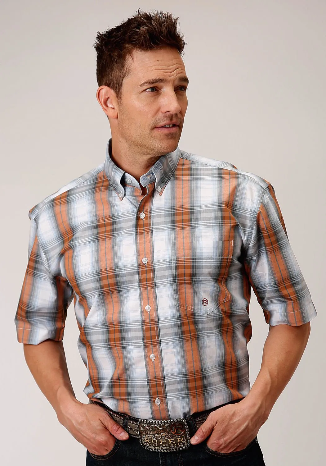 Roper Mens Grey 100% Cotton Dusk Ombre BD S/S 1 Pkt Shirt Minimal Design Personalized Touch