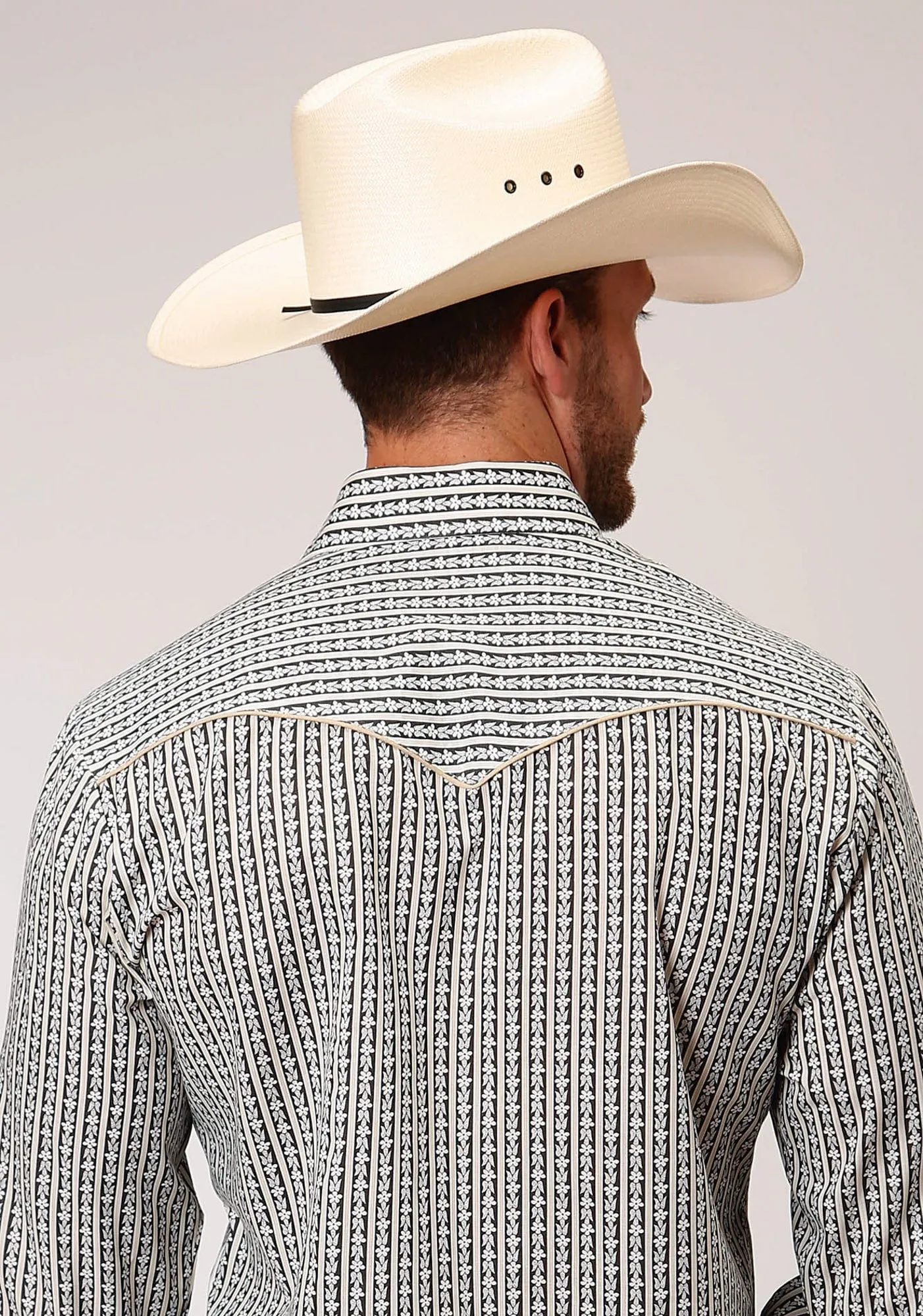 Roper Mens Grey Cotton Blend Dark Ground L/S Wallpaper Shirt Anti Pilling Finish Embroidered Detail