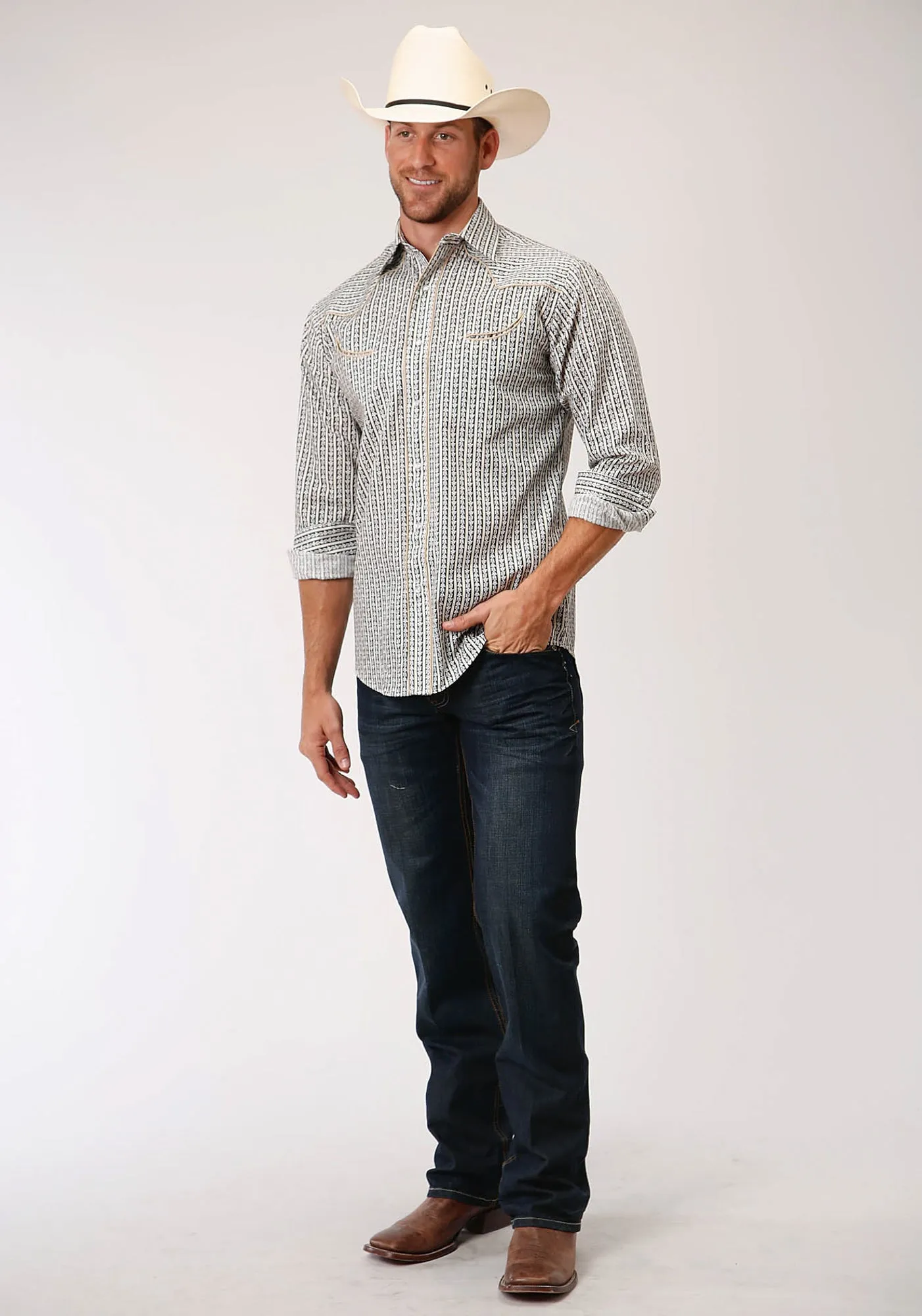 Year-Round Favorite Lounge Comfort Roper Mens Grey Cotton Blend Dark Ground L/S Wallpaper Shirt
