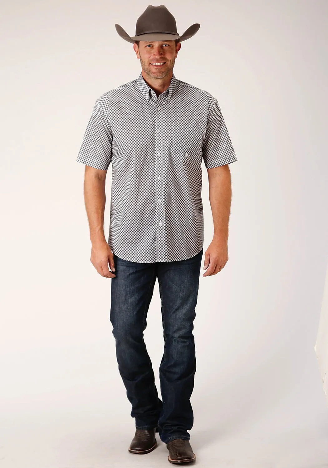 Roper Mens Grey Cotton Blend Diamond Star Geo BD S/S 1 Pkt Shirt Minimalist Closure Outdoor Adventure