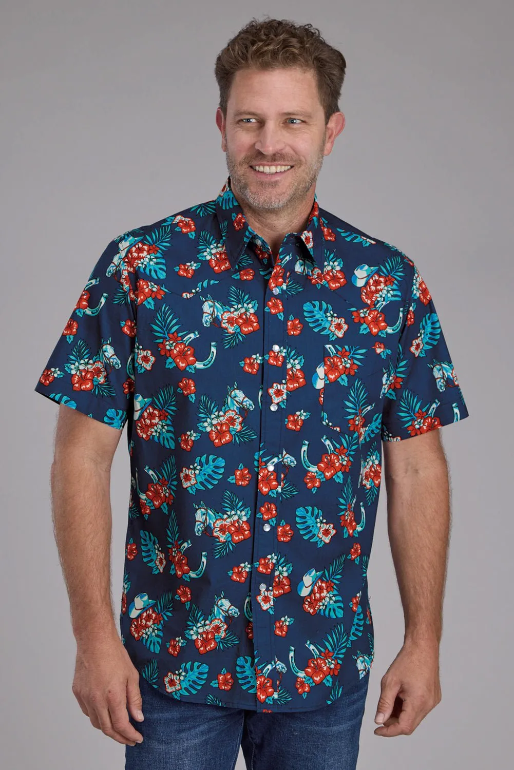 Smooth zipper closure Roper Mens Hawaiian Print Blue 100% Cotton S/S Shirt