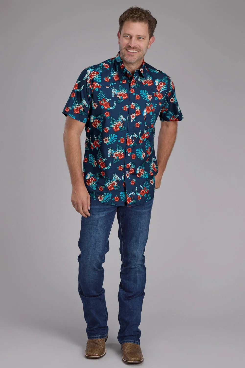 Roper Mens Hawaiian Print Blue 100% Cotton S/S Shirt Anti Static Lining Athletic Look