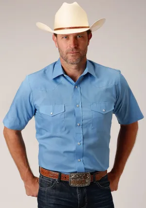 Roper Mens Heritage Blue Cotton Blend 55/45 Broadcloth S/S Shirt Denim style Anti Odor Treatment Laser Cut Edge Detail Roper Mens Heritage Blue Cotton Blend 55/45 Broadcloth S/S Shirt