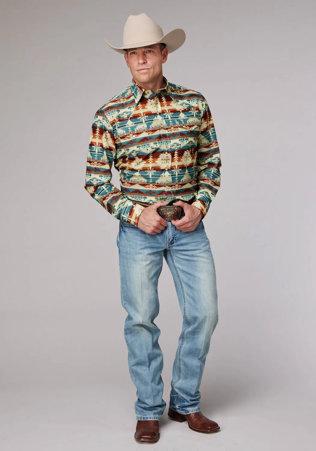 Seasonal Essential Roper Mens Horizontal Aztec Serape Wine Multi 100% Cotton L/S Shirt