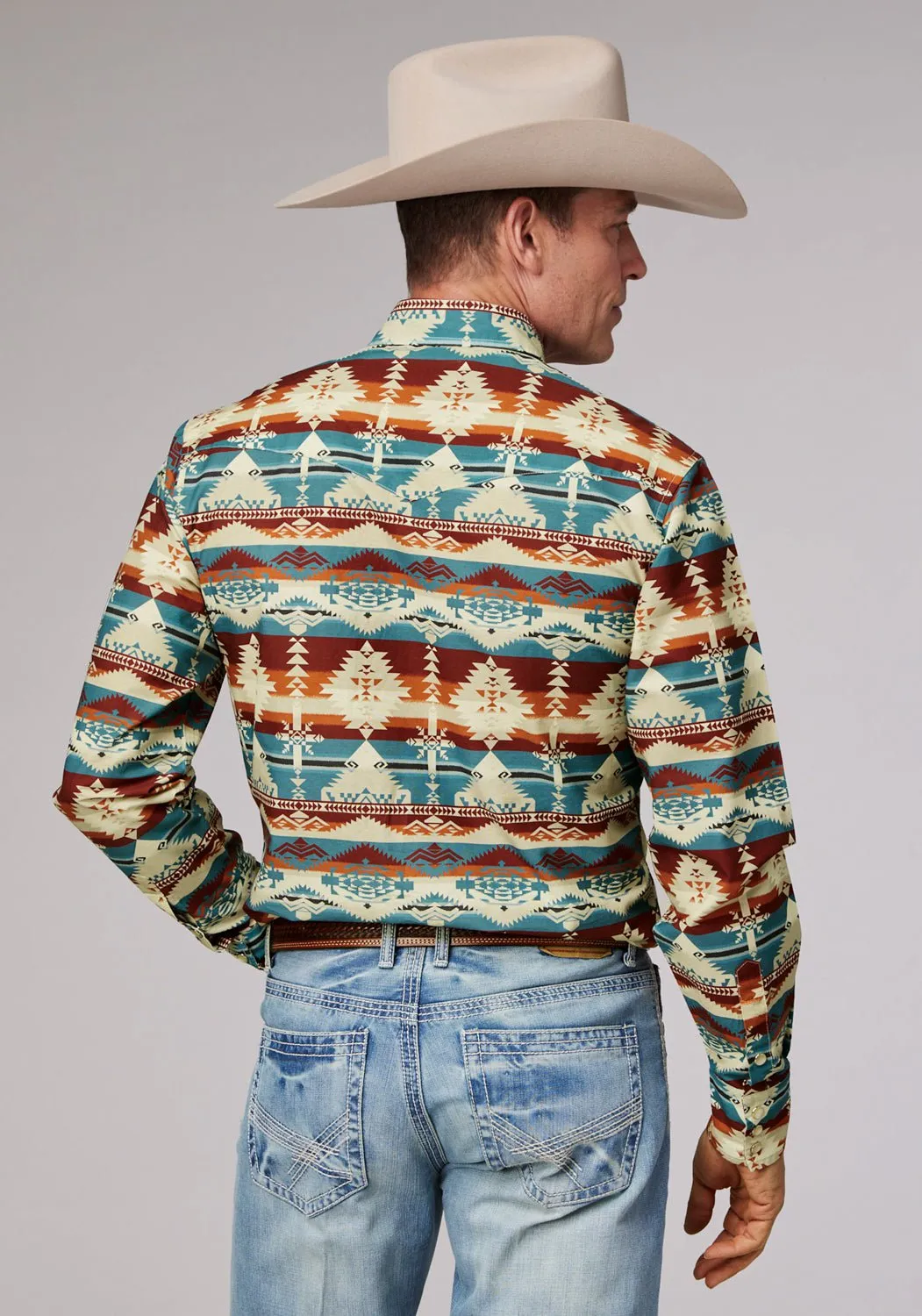 Roper Mens Horizontal Aztec Serape Wine Multi 100% Cotton L/S Shirt Multipocket Style