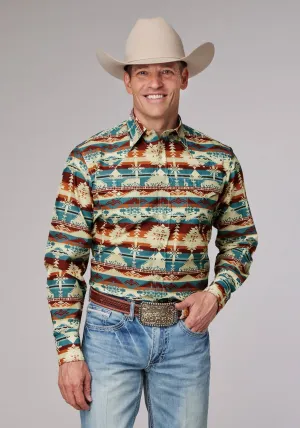 Roper Mens Horizontal Aztec Serape Wine Multi 100% Cotton L/S Shirt sporty wear Roper Mens Horizontal Aztec Serape Wine Multi 100% Cotton L/S Shirt Chill Wear