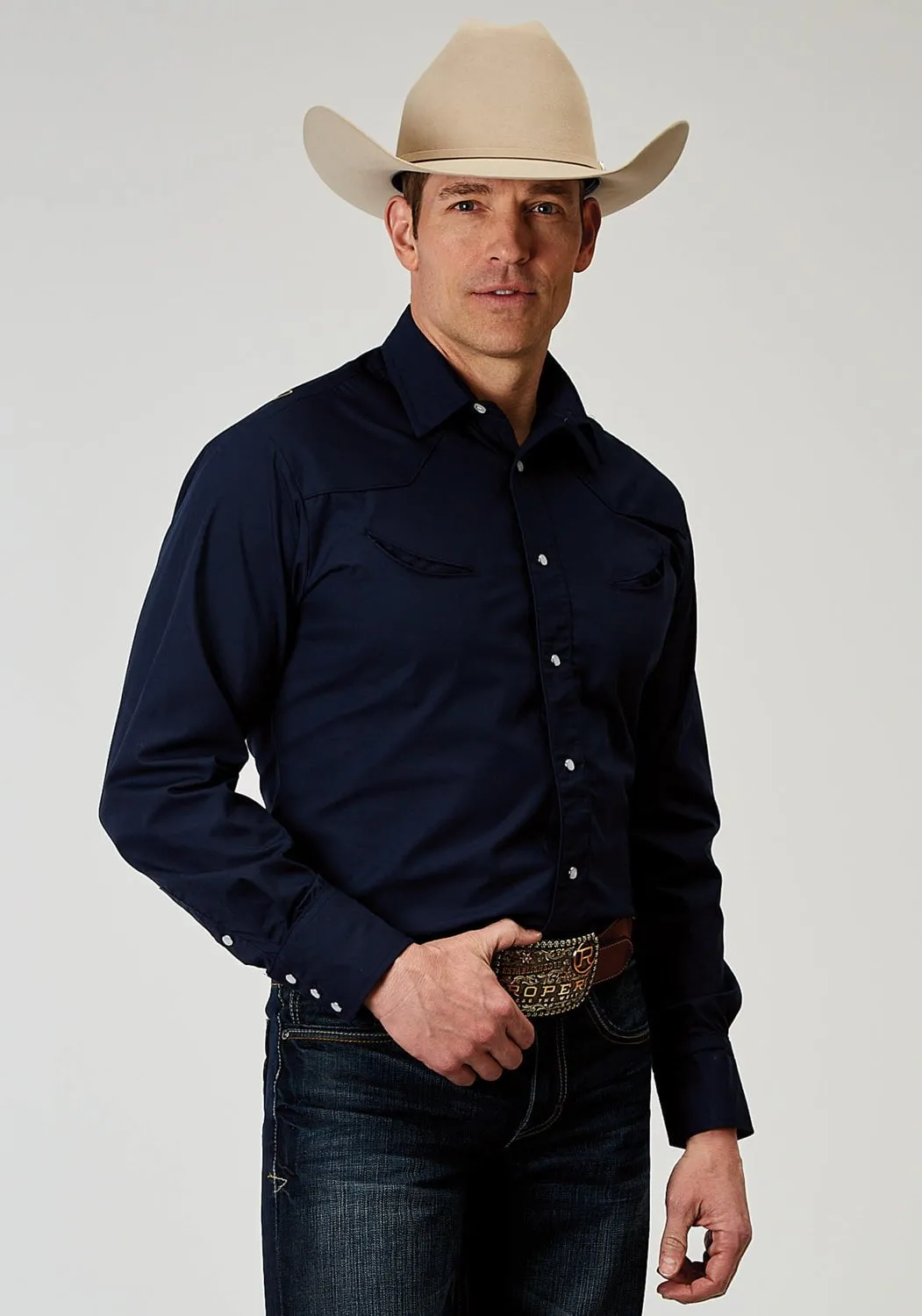 Chill Comfort Fashionable Pick Roper Mens Horseshoe Broadcloth Blue Cotton Blend L/S Shirt