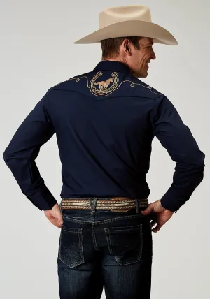 Roper Mens Horseshoe Broadcloth Blue Cotton Blend L/S Shirt Hidden Pocket Roper Mens Horseshoe Broadcloth Blue Cotton Blend L/S Shirt Anti Pilling Finish