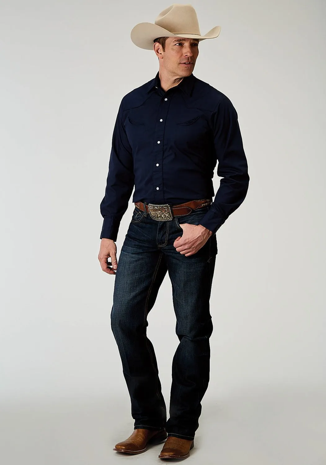 Roper Mens Horseshoe Broadcloth Blue Cotton Blend L/S Shirt Contemporary Design