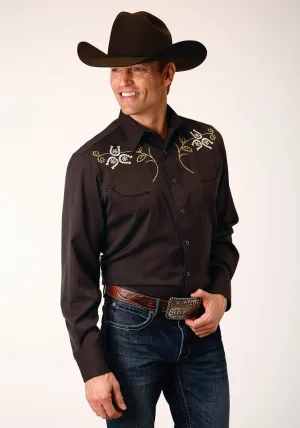 Roper Mens Horseshoe Trio Brown Poly/Rayon L/S Shirt skin friendly Minimalist Look Errand Ready Roper Mens Horseshoe Trio Brown Poly/Rayon L/S Shirt