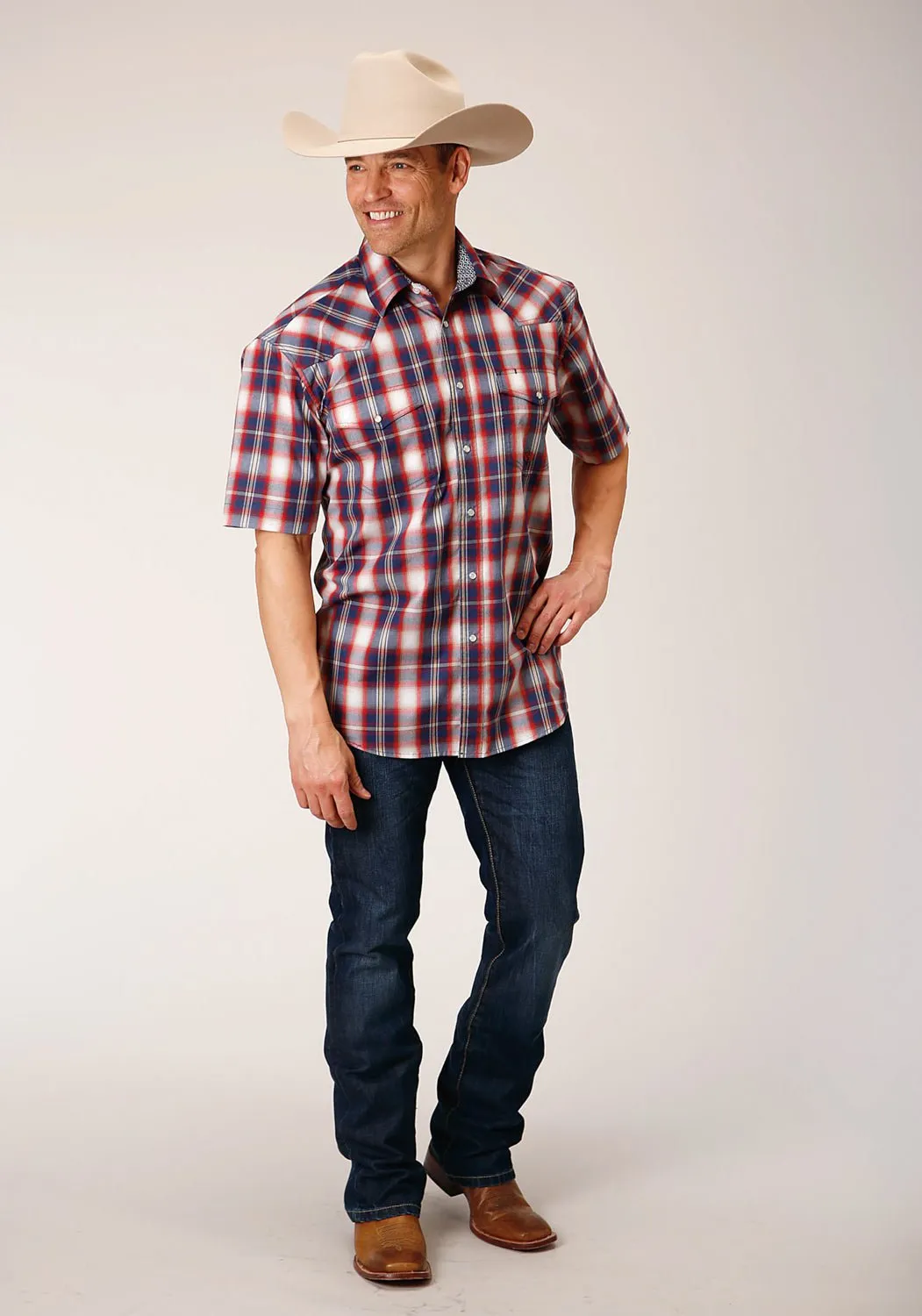 Roper Mens Independence Plaid Blue 100% Cotton S/S Shirt Timeless elegance