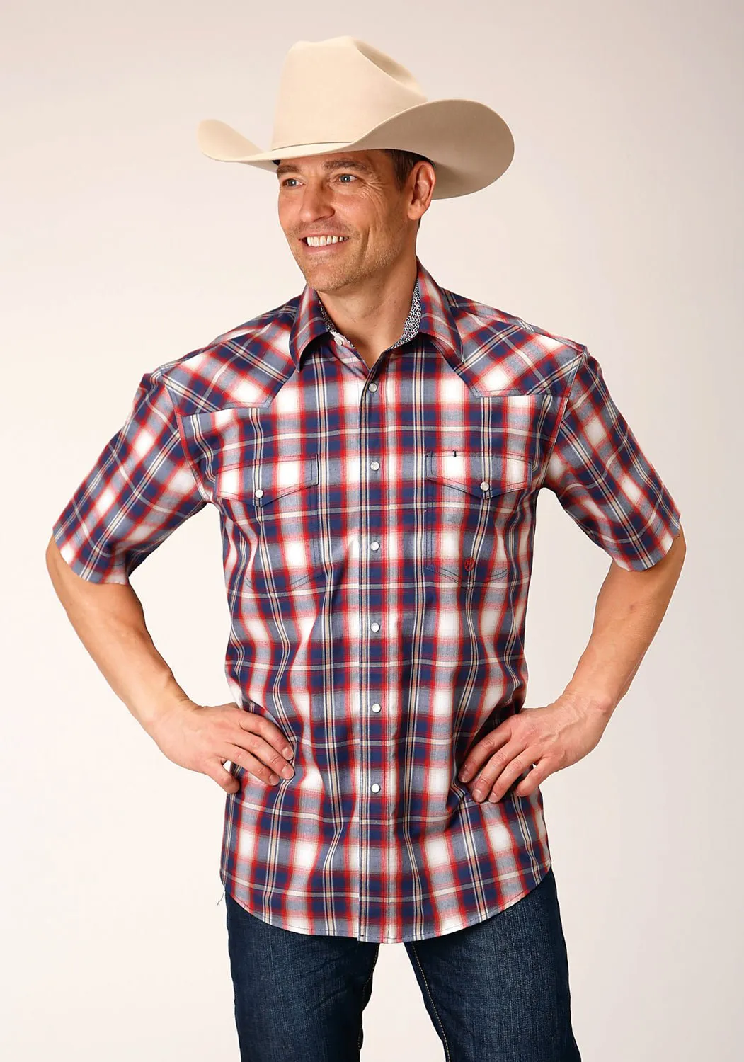Roper Mens Independence Plaid Blue 100% Cotton S/S Shirt Non Restrictive Armhole Ethical production