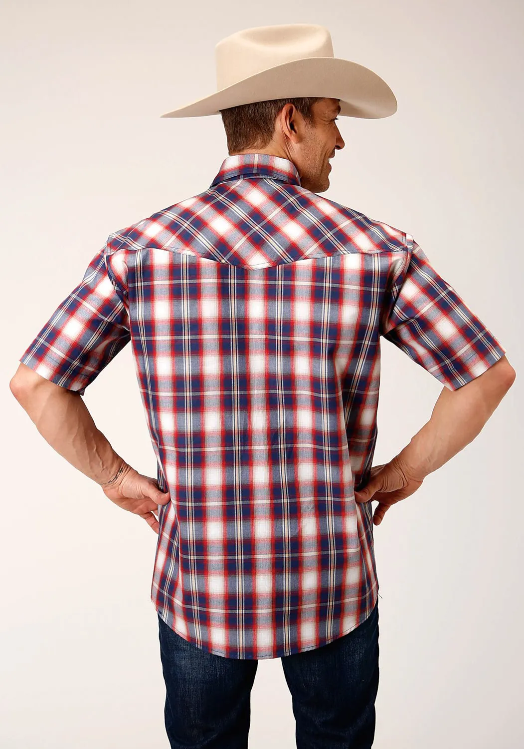 Roper Mens Independence Plaid Blue 100% Cotton S/S Shirt slim fit