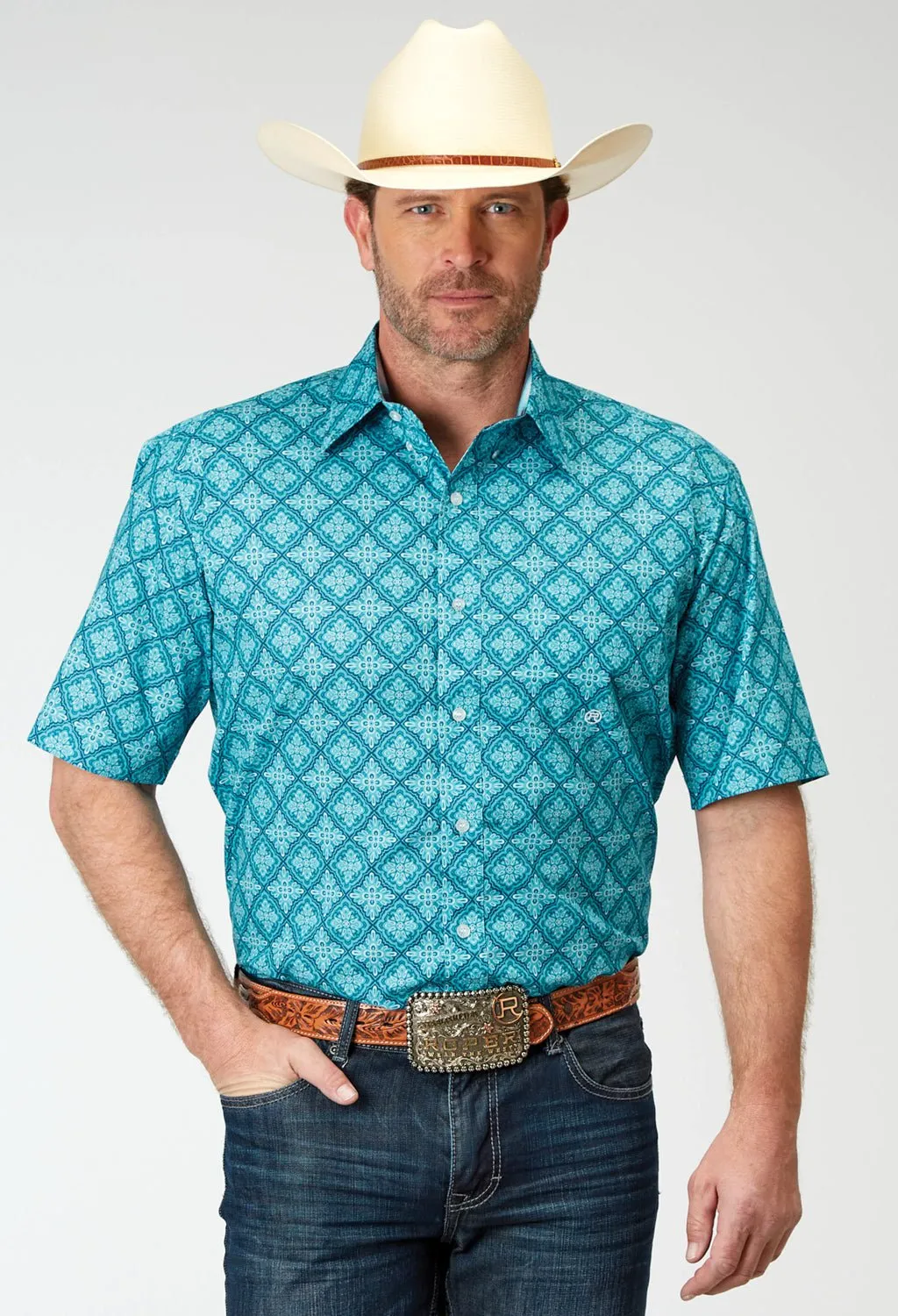 Holiday Style Roper Mens Lake Medallion Blue 100% Cotton S/S Shirt
