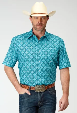 Roper Mens Lake Medallion Blue 100% Cotton S/S Shirt Customer Favorite Roper Mens Lake Medallion Blue 100% Cotton S/S Shirt Contrast Stitch