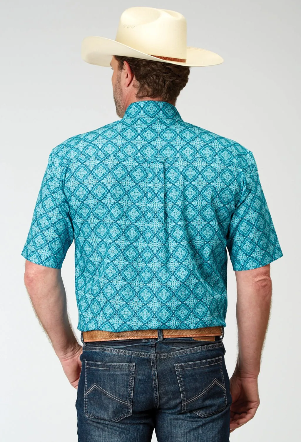 Roper Mens Lake Medallion Blue 100% Cotton S/S Shirt Non-irritating