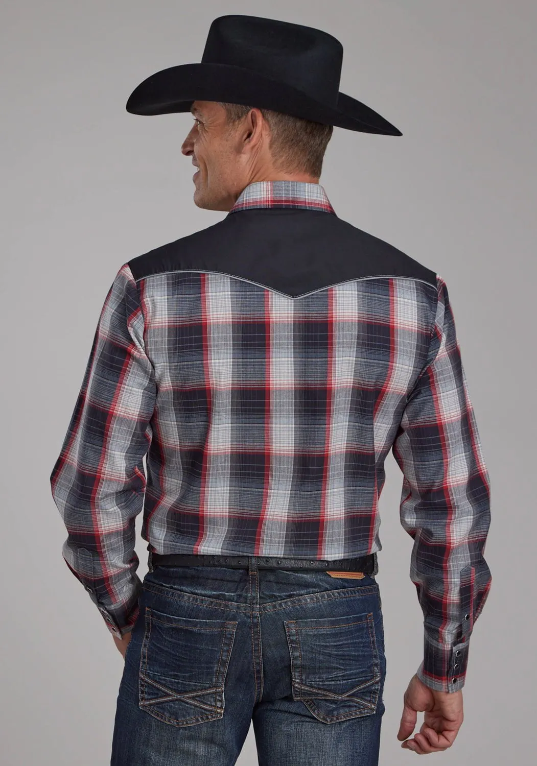 Checkered Style Weekend Adventure Roper Mens Leaf Plaid Black/Grey Cotton Blend L/S Shirt