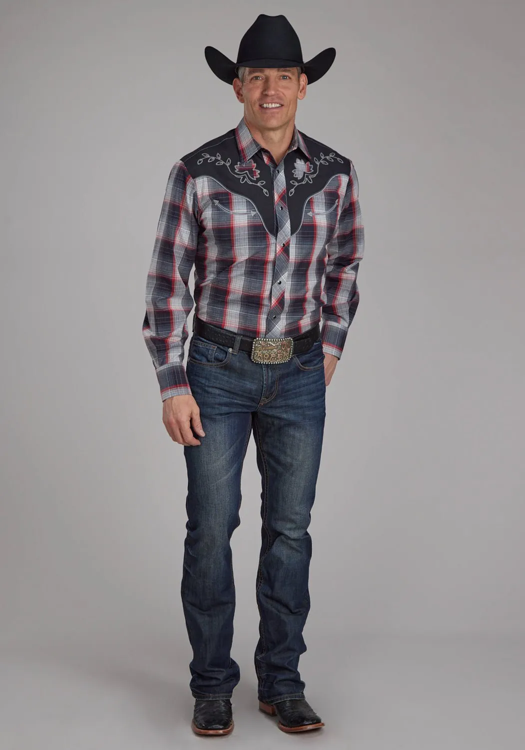 Designer Touch Roper Mens Leaf Plaid Black/Grey Cotton Blend L/S Shirt
