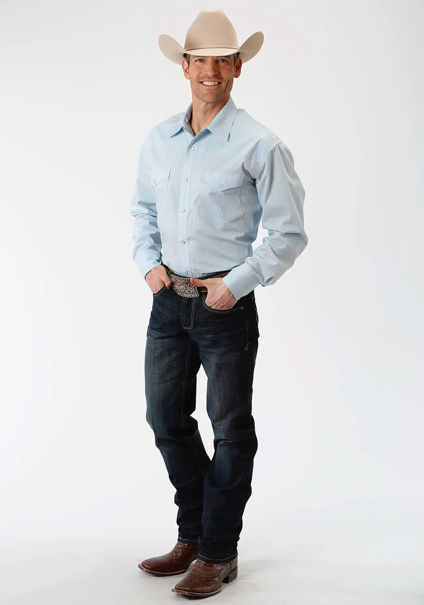 Chic Design Cooling Mesh Lining Roper Mens Light Blue 100% Cotton Solid Poplin L/S Shirt