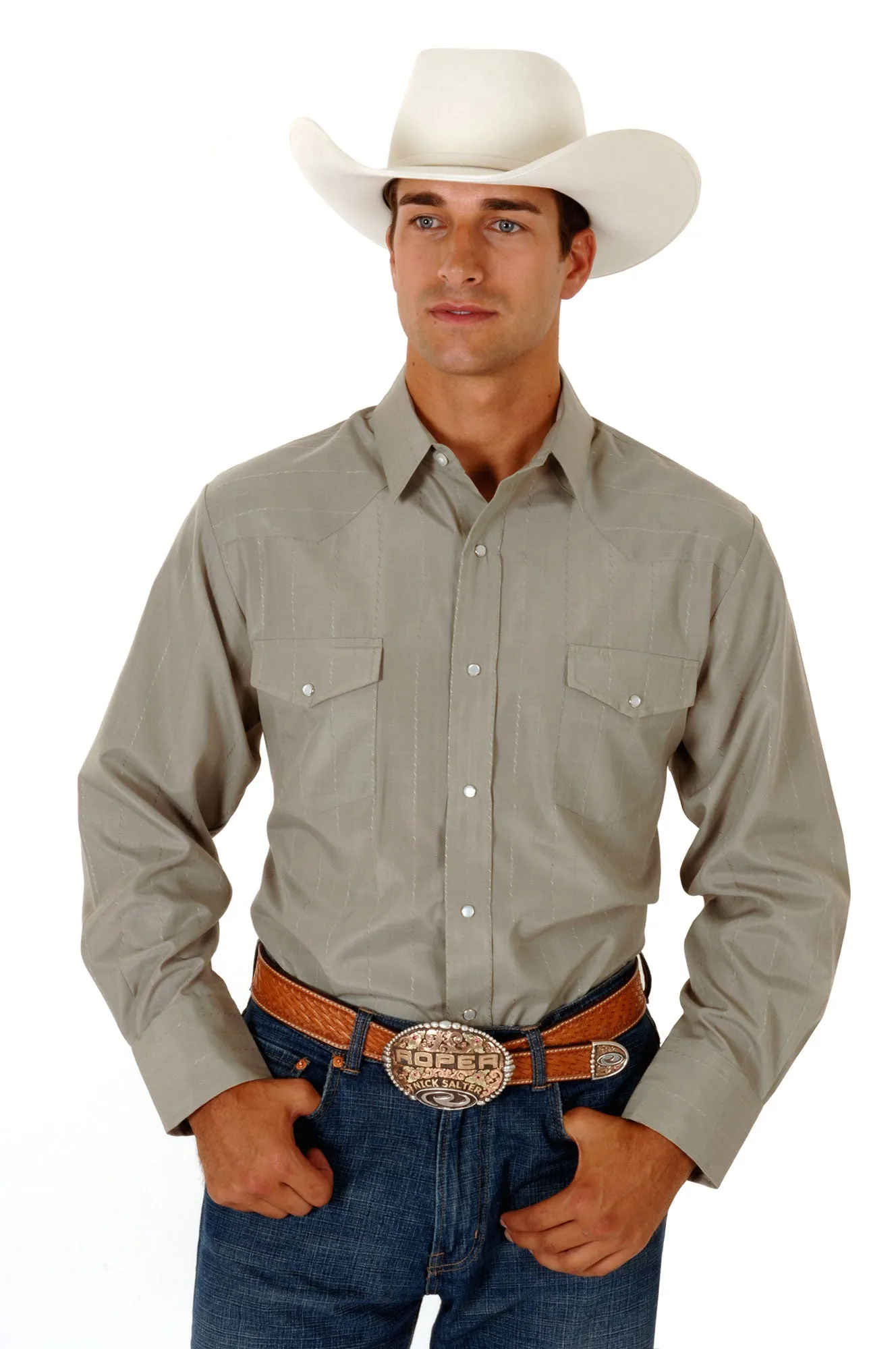 Roper Mens Loden Cotton Blend L/S Solid Tone On Tone Snap Western Shirt Comfortable Design Functional Pocket