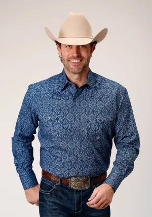 Roper Mens Medallion Paisley Blue 100% Cotton L/S Shirt Warm Layers Adjustable Cuff Closure Roper Mens Medallion Paisley Blue 100% Cotton L/S Shirt
