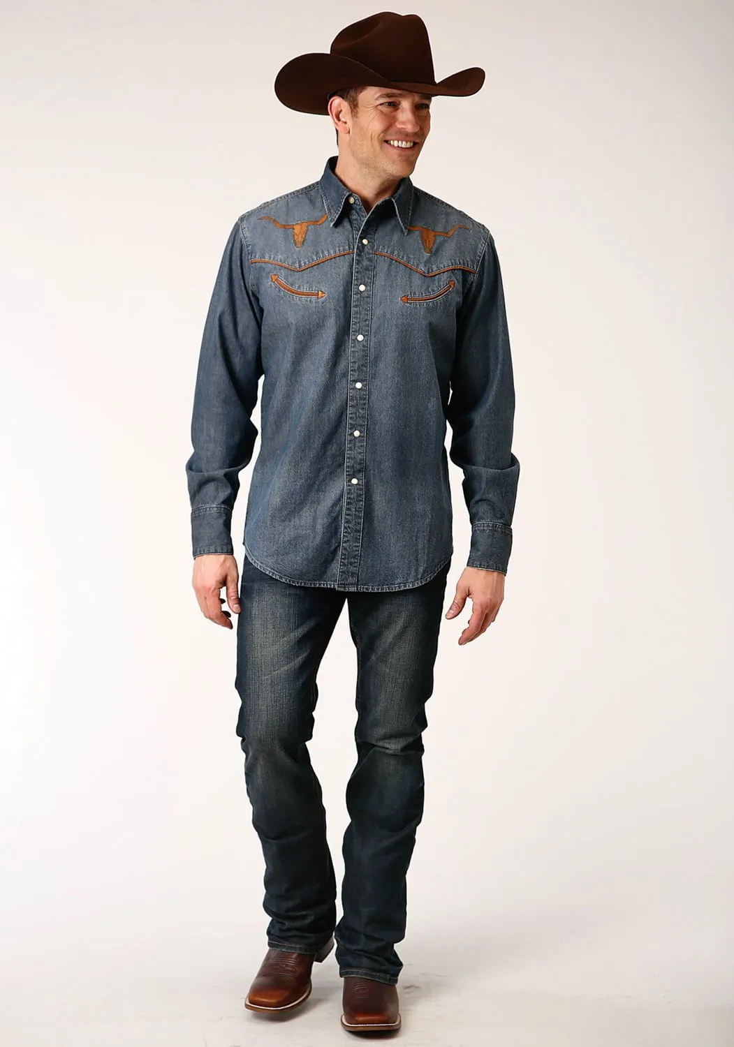 Relaxed Look Roper Mens Medium Wash Denim 100% Cotton Longhorns L/S Shirt