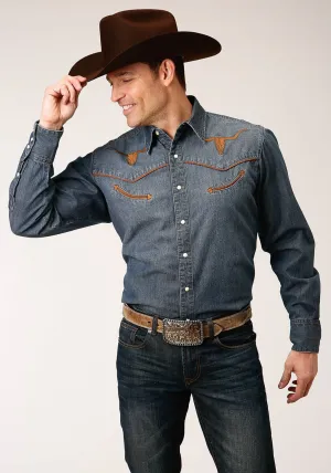 Roper Mens Medium Wash Denim 100% Cotton Longhorns L/S Shirt Casual Fit Sporty Layer Simple Elegance Roper Mens Medium Wash Denim 100% Cotton Longhorns L/S Shirt