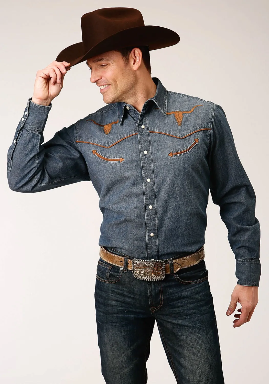 Sporty Layer Simple Elegance Roper Mens Medium Wash Denim 100% Cotton Longhorns L/S Shirt