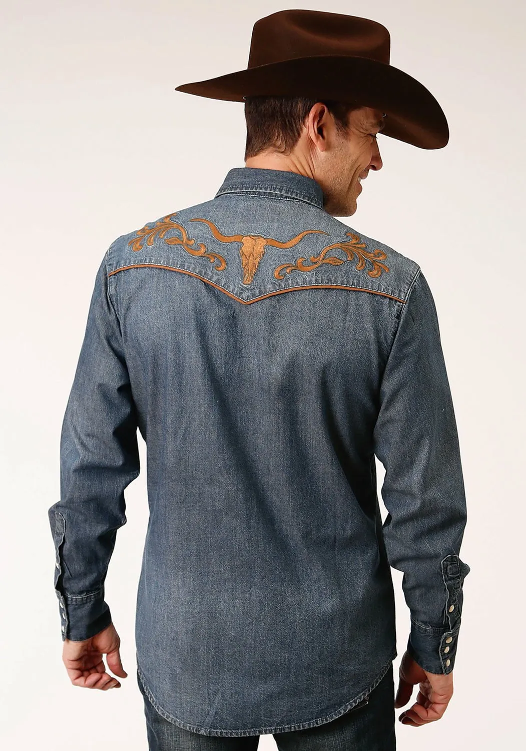 Roper Mens Medium Wash Denim 100% Cotton Longhorns L/S Shirt Relaxed Comfort Yoke Design