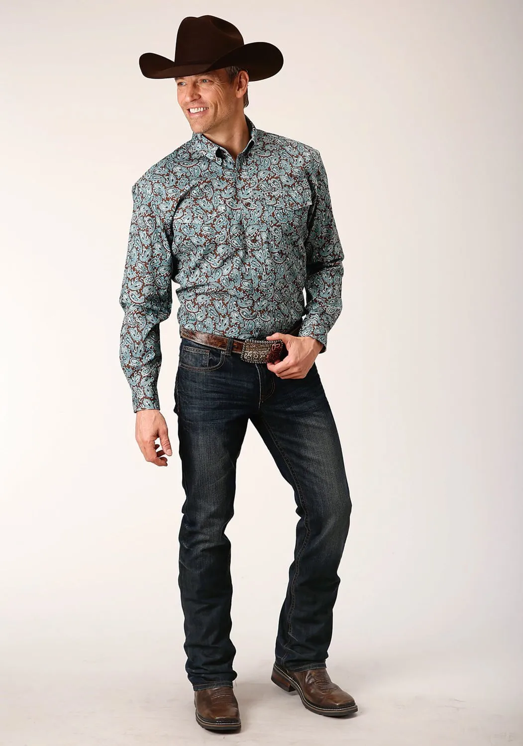 Roper Mens Mine Paisley Turquoise 100% Cotton L/S Shirt Odor Control Technology Work Appropriate