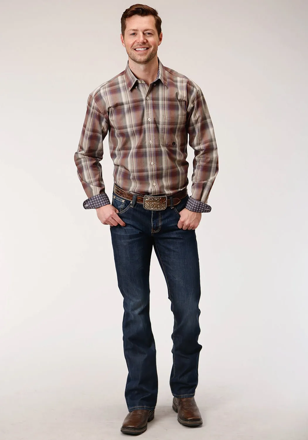 Gym Wear Comfy Wear Roper Mens Multi-Color 100% Cotton Cider Plaid BD L/S 1 Pkt Shirt