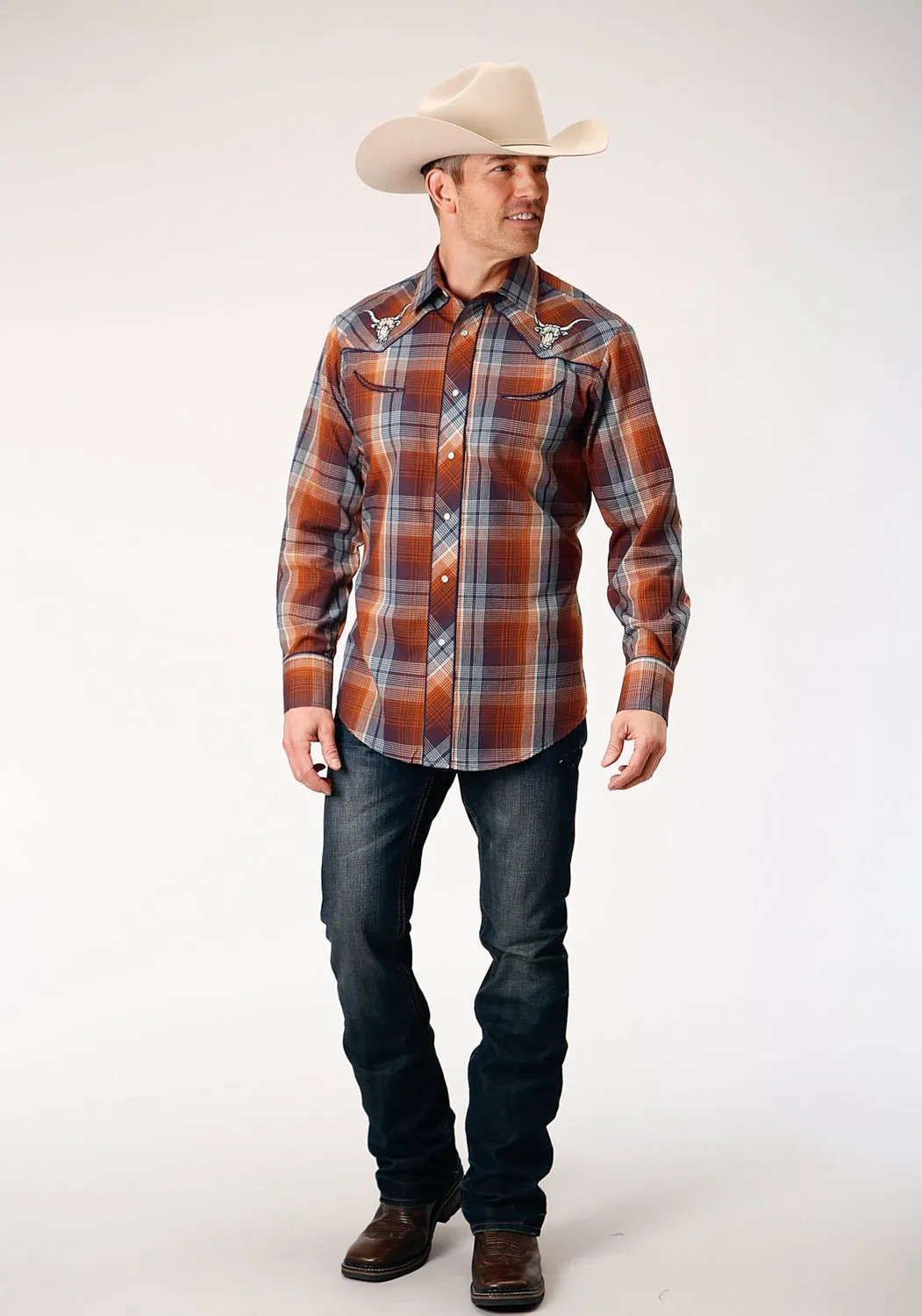 Roper Mens Navy Plaid Brown Cotton Blend L/S Shirt Smooth Texture