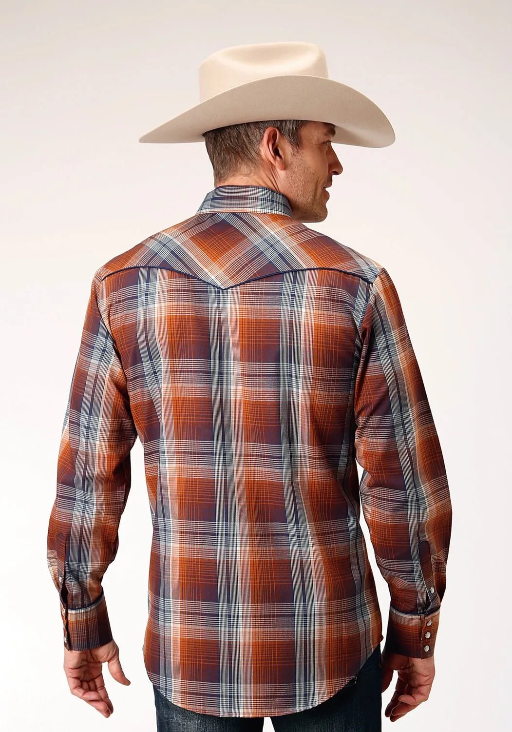 Seamless Shoulder Roper Mens Navy Plaid Brown Cotton Blend L/S Shirt
