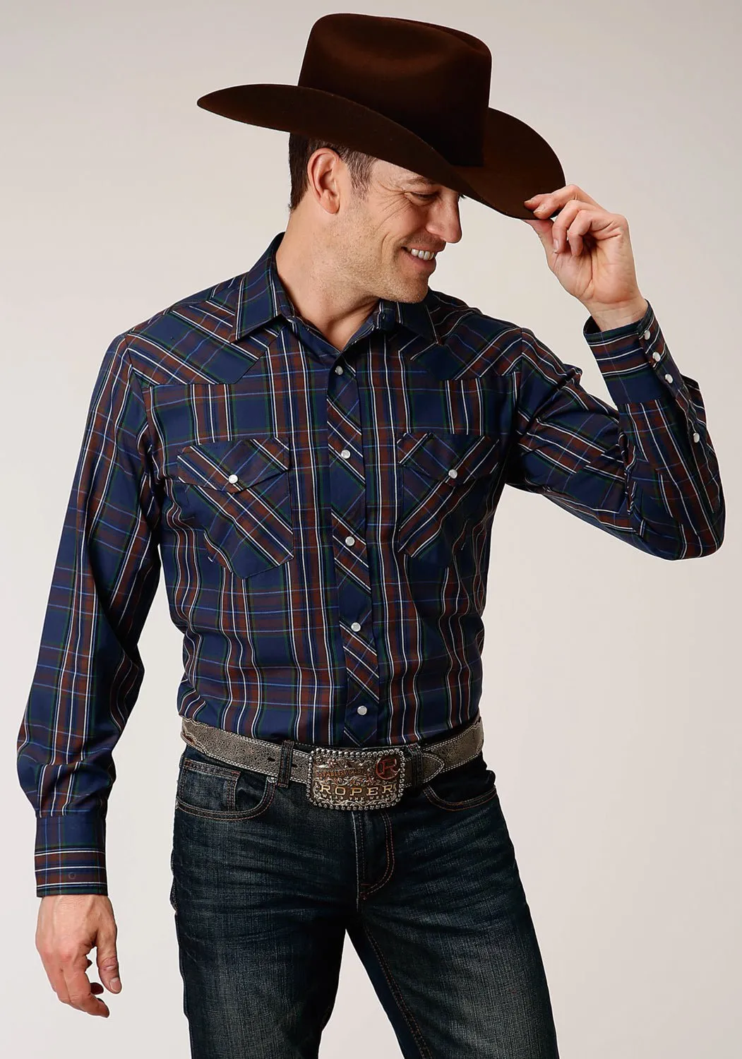 Premium Quality Roper Mens Navy/Brown Cotton Blend Plaid L/S 55/45 Shirt