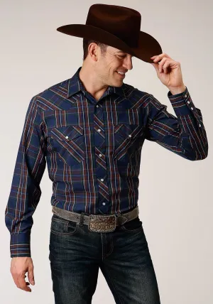 Roper Mens Navy/Brown Cotton Blend Plaid L/S 55/45 Shirt Non Restrictive Cut Premium Quality Roper Mens Navy/Brown Cotton Blend Plaid L/S 55/45 Shirt