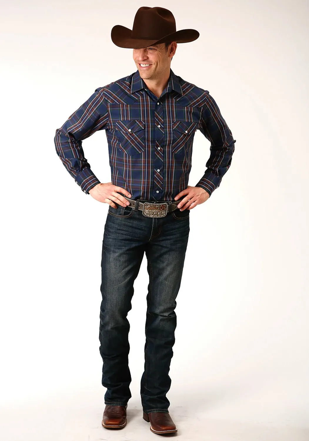 Workwear Casual Elegant Finish Roper Mens Navy/Brown Cotton Blend Plaid L/S 55/45 Shirt
