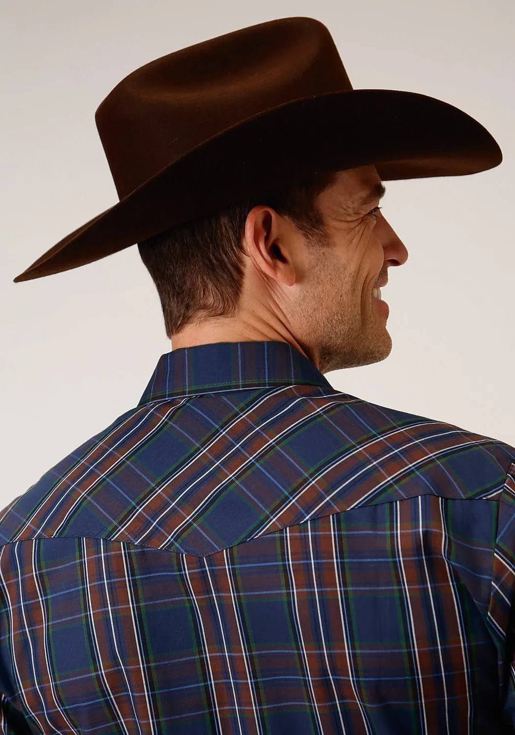 Roper Mens Navy/Brown Cotton Blend Plaid L/S 55/45 Shirt Daytime Look All Purpose Weave Design