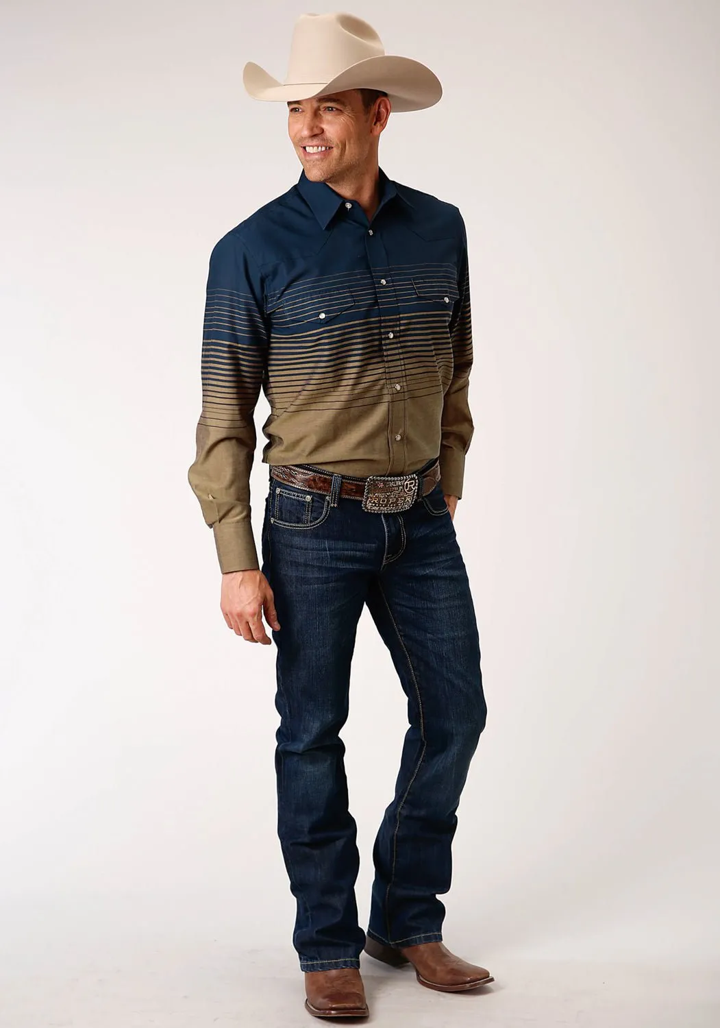 Versatile Layer Roper Mens Navy/Khaki Cotton Blend Border Stripe L/S Shirt
