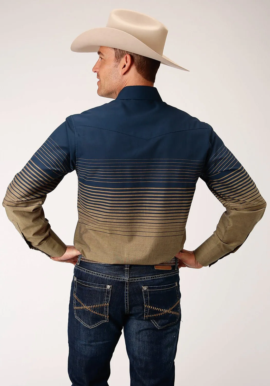 Roper Mens Navy/Khaki Cotton Blend Border Stripe L/S Shirt Casual Vibe Chic Option