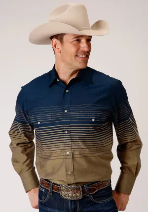 Roper Mens Navy/Khaki Cotton Blend Border Stripe L/S Shirt Flexible Fit Split hem Functional Pocket Roper Mens Navy/Khaki Cotton Blend Border Stripe L/S Shirt