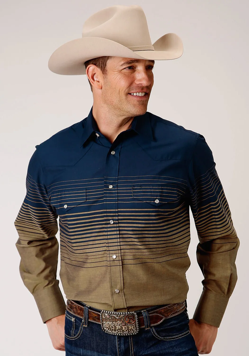 Non Iron Material Street Comfort Roper Mens Navy/Khaki Cotton Blend Border Stripe L/S Shirt