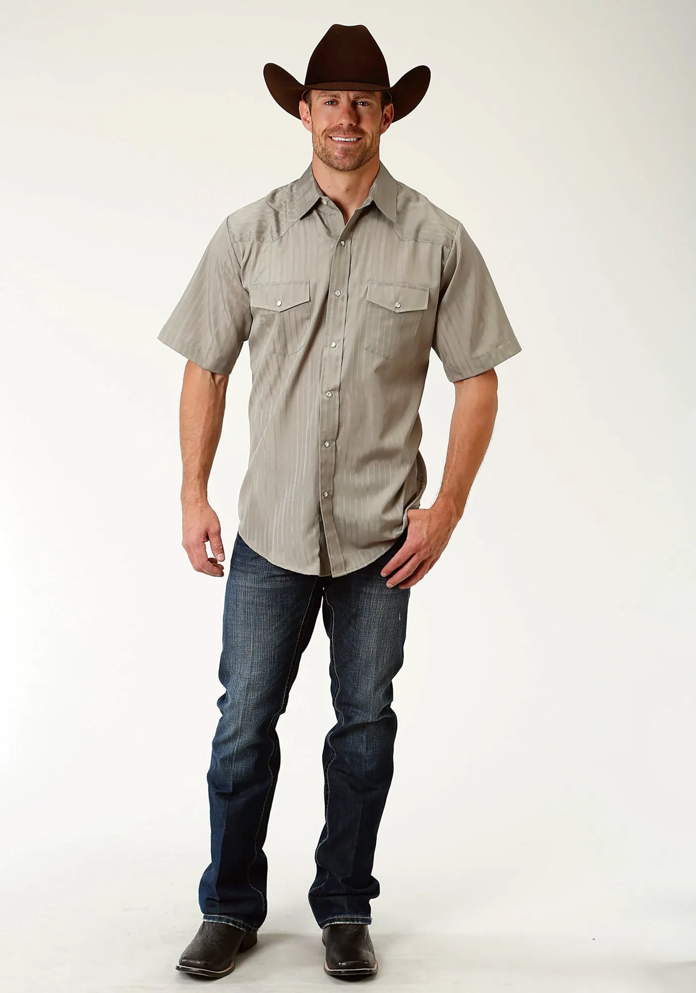 Roper Mens Olive Cotton Blend S/S Shirt Breathable Design Geometric Print