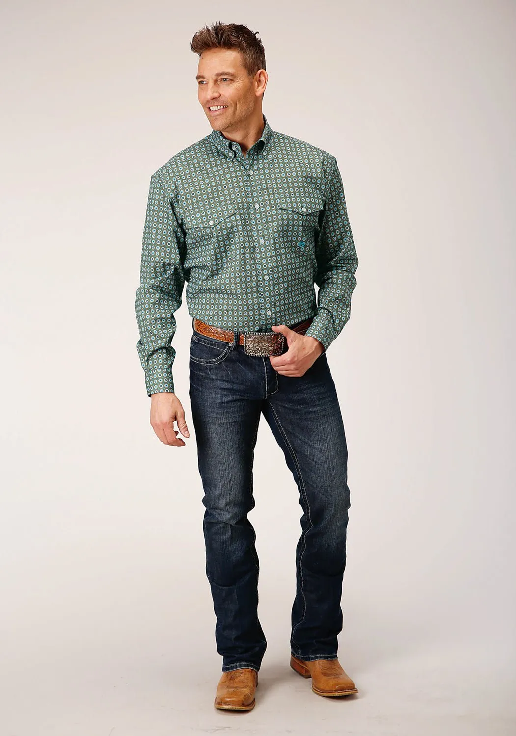 Camouflage Print Weekend Adventure Roper Mens Olive Foulard Green 100% Cotton L/S Shirt