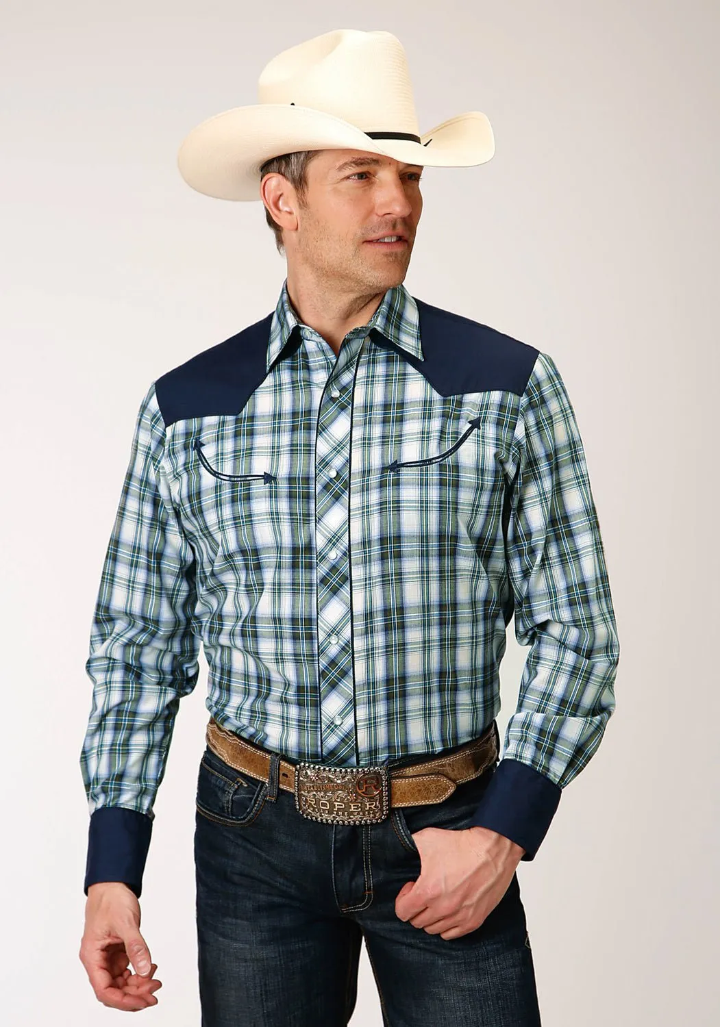 Roper Mens Olive/Cream Cotton Blend Retro Fancy L/S Shirt Weekend Outfit