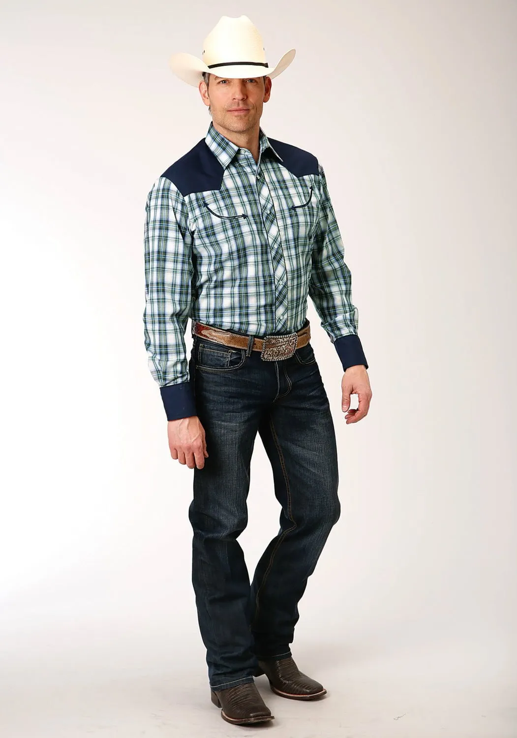 Mesh Insert Roper Mens Olive/Cream Cotton Blend Retro Fancy L/S Shirt