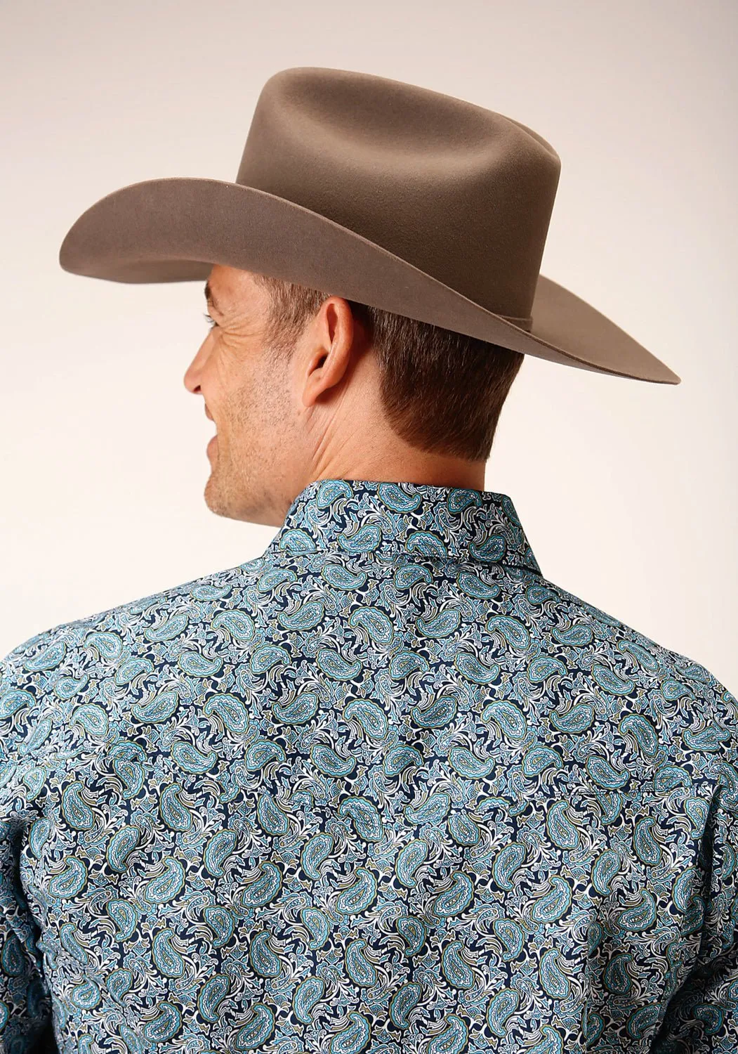 Roper Mens Peacock Paisley Blue 100% Cotton L/S Shirt Yoke Design