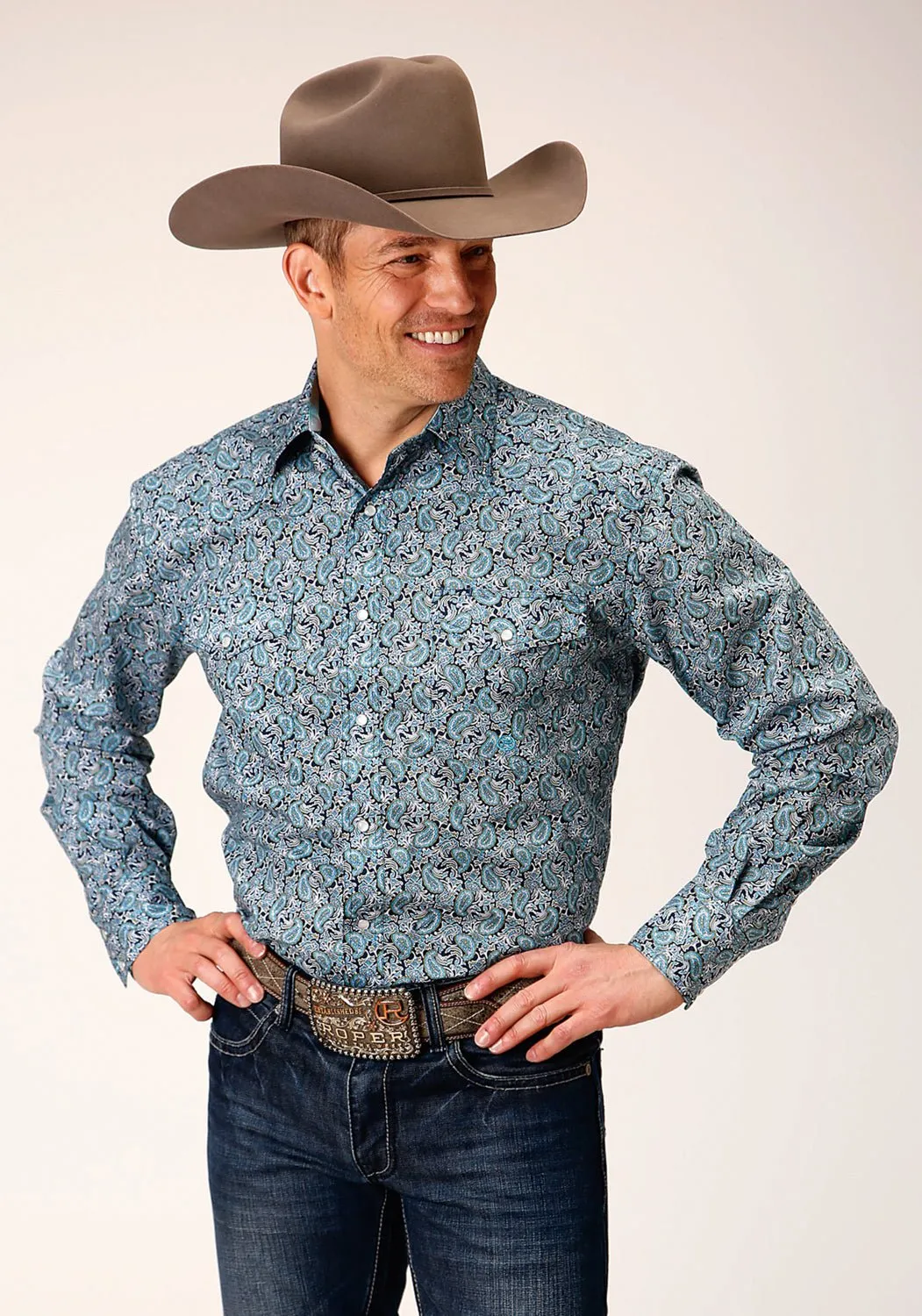 Easy Fit Roper Mens Peacock Paisley Blue 100% Cotton L/S Shirt